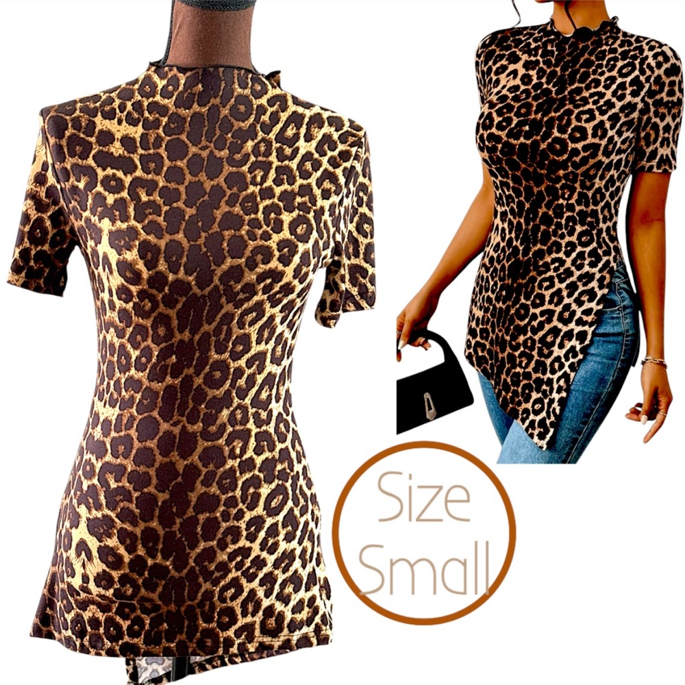 Leopard Shirt, Print Short Sleeve Top, Animal Print Brown Shirt, Asymmetrical